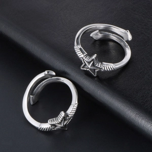 Adjustable silver star and wing open rings with vintage gothic finish for couples