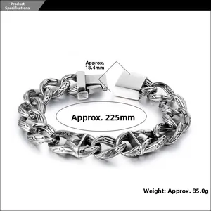 Macro detail of vintage engraved titanium steel bracelet with measurement specifications