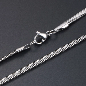 Minimalist silver flat snake chain necklace with lobster clasp in a smooth metallic finish