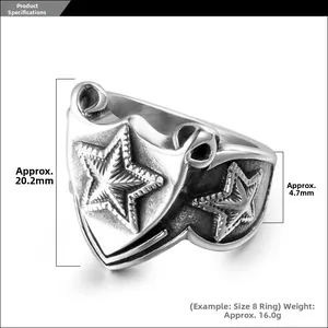 Detailed view of men's vintage shield star ring with 20.2mm height and 4.7mm band width