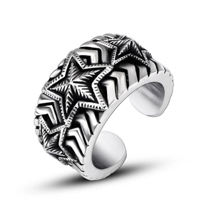 Vintage stainless steel pentagram ring with retro textured wide band design for men