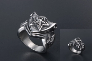 Detailed view of punk style stainless steel shield ring with five-pointed star reliefs
