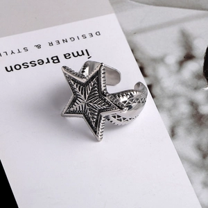 Vintage Titanium Steel Pentagram Star Open Ring For Men Women Adjustable Industrial Style Retro Silver Jewelry Finger Ring