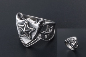 Detailed view of vintage punk stainless steel ring with 3D star crest and aged finish