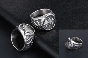 Detailed relief of Egyptian pyramids and hieroglyphs on vintage titanium steel ring
