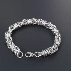 Men's silver titanium steel chain bracelet featuring a bold Byzantine braided design