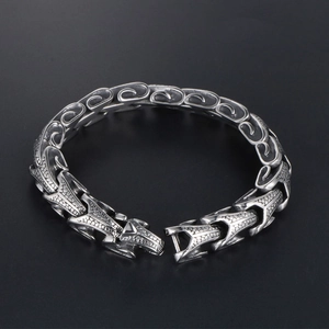 Men's retro stainless steel bracelet featuring silver dragon scale textures and Viking style