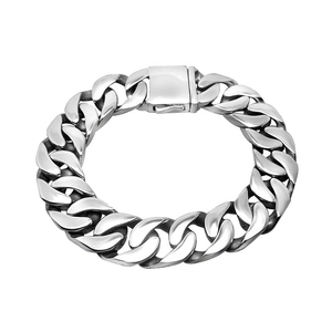 Bracelet gourmette en acier titane argenté poli avec maillons plats et fermoir carré homme