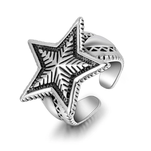 Vintage star titanium steel open ring with snowflake texture and ethnic engraving