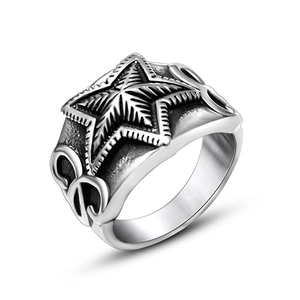 Vintage stainless steel pentagram ring for men with star pattern and antique finish