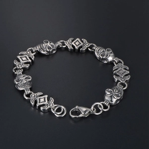 Mens skull bracelet in stainless steel with geometric links and lobster clasp