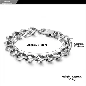 Polished silver cuban link bracelet for men with 215mm length and 12.4mm width detail