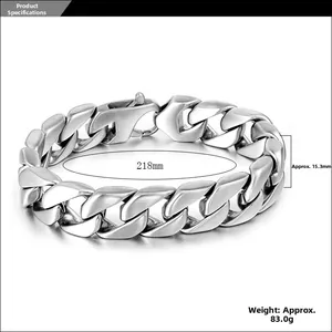 Detailed view of heavy stainless steel Cuban link bracelet with size and weight specs