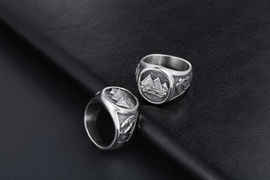 Detailed relief of ancient Egyptian pyramids on silver titanium steel ring for men