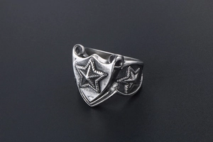 Detailed view of retro stainless steel shield ring with embossed star and antique finish