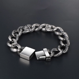 Industrial style thick titanium steel bracelet with vintage carvings and square clasp