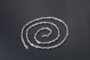 Détail d'une chaîne corde torsadée argentée avec un fermoir mousqueton classique