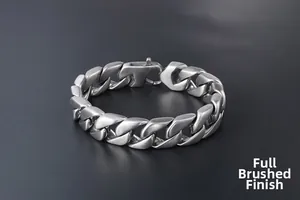 Detail view of bold Cuban chain bracelet with matte finish in sandblasted steel