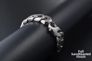 Macro shot of heavy men's titanium steel Cuban bracelet with full matte sand surface