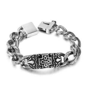 Vintage Men's Stainless Steel Heavy Chain Bracelet With Gothic Cross Engraved Plate Punk Retro Biker Jewelry