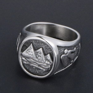 Titanium steel signet ring for men featuring an embossed pyramid and ancient symbols