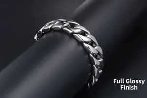 Detail of high polished stainless steel Cuban link bracelet with a silver glossy finish