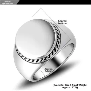 Detail view of silver signet ring with 16.6mm flat top surface and 4.8mm band width