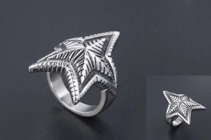 Detail of vintage star ring featuring radial textures and retro industrial metal finish