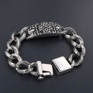 Gothic punk thick titanium steel chain bracelet with a large cross charm for men