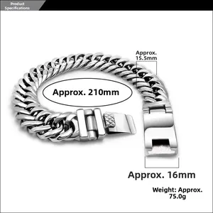 Vue détaillée du bracelet gourmette en acier inoxydable avec largeur de 15,5 mm et dimensions