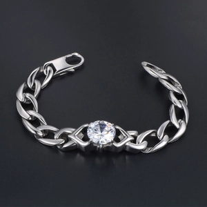 Polished titanium steel Cuban chain bracelet with a large sparkling round diamond center