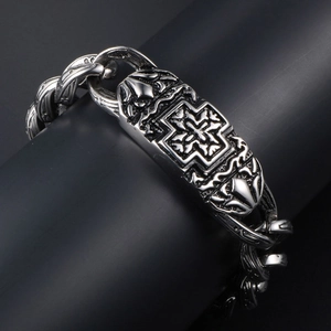 Mens punk stainless steel thick chain bracelet with embossed cross plaque charm