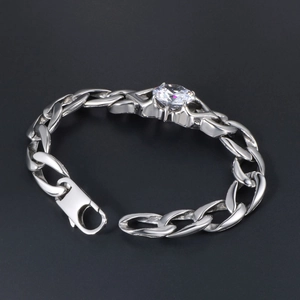 Silver stainless steel Cuban chain bracelet with a large sparkling round zircon crystal