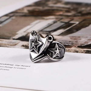 Vintage stainless steel pentagram star ring with triangle shield design in matte silver finish