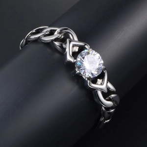 Elegant Cuban chain bracelet with heart metal links and a large round sparkling zircon