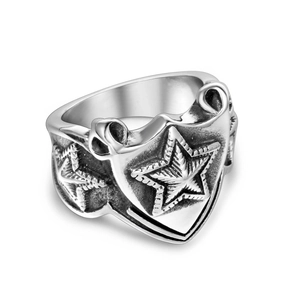 Retro punk men's stainless steel signet ring with engraved stars in shield shape