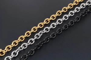 Macro shot of minimalist round link chains in gold, silver and black stainless steel