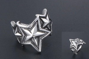 Vue détaillée de trois étoiles superposées sur une bague vintage en acier titane argent
