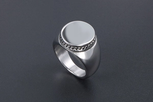 Polished silver stainless steel signet ring featuring a twisted rope textured edge detail