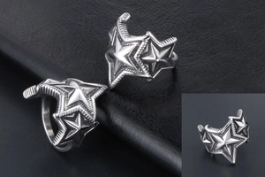 Vue détaillée d'une bague étoile superposée avec une texture en acier inoxydable