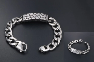 Macro detail of titanium steel bracelet with irregular cobblestone textured metal plate