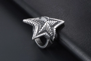 Macro shot of a vintage punk star ring with industrial metallic textures on black leather