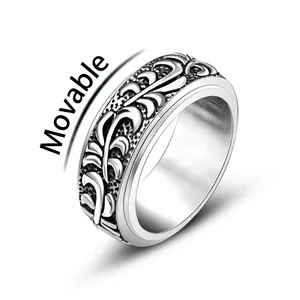 Bague Spinner en Acier Inoxydable Vintage pour Hommes Anneau Rotatif Motif Rinceaux Bijou de Doigt Rétro Anti Stress