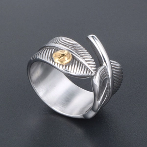 Vintage retro feather open ring with golden cross accent for men in hip-hop style