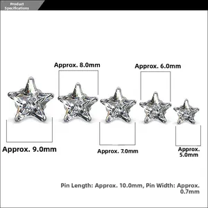 Titanium steel star earrings size chart showing diameters from 5mm to 9mm and pin dimensions