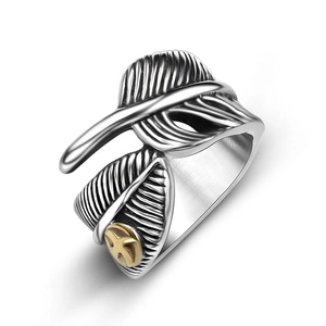 Vintage silver feather open ring with gold bird emblem in Native American style