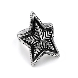 Retro pentagram star ring in silver metal with vintage engraved texture details