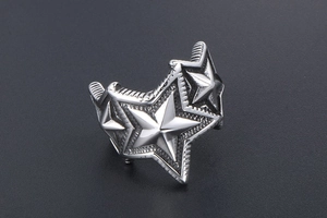 Détail de la conception d'étoiles pentagrammes superposées sur bague en acier titane