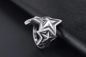 Macro d'étoiles pentagrammes superposées sur une bague vintage en acier titane mat