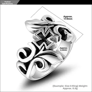 Detailed view of Gothic cross ring with scrollwork engraving and size measurements